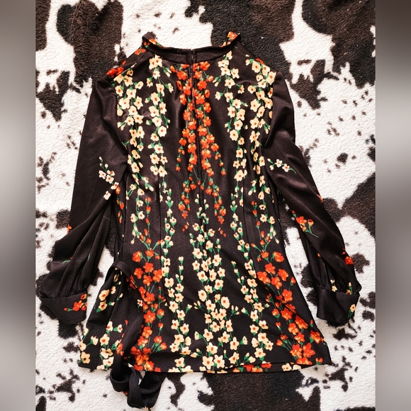 WOMEN'S 70'S WITH TIE LONG SLEEVE BLOUSE - BROWN MULTI - Picture 4 of 4